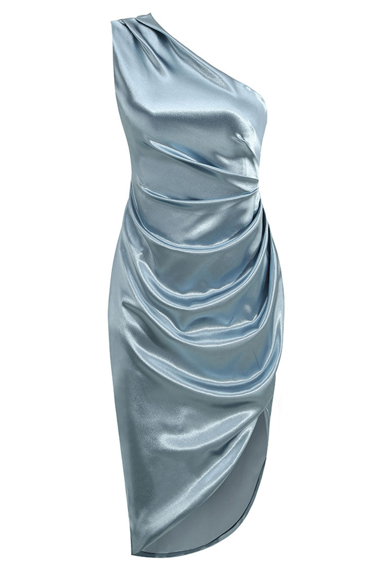 Dusty Blue One Shoulder Satin Ruched High Slit Asymmetrical Midi Dress