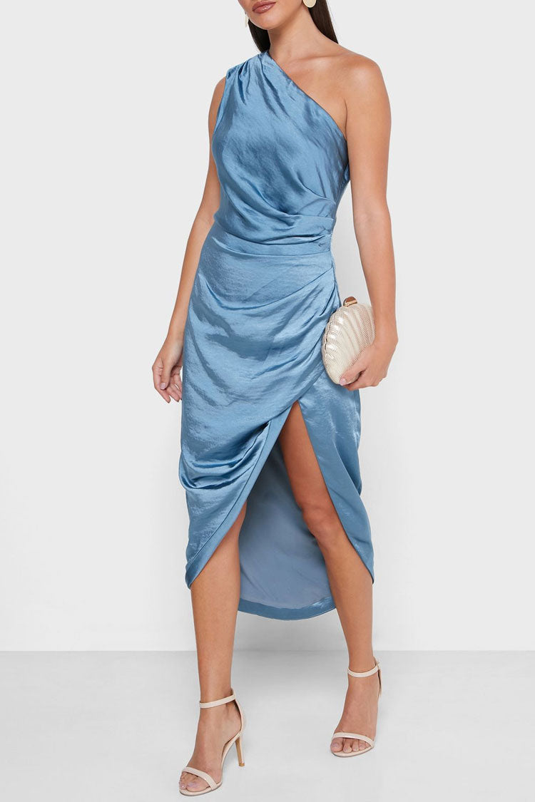 Dusty Blue One Shoulder Satin Ruched High Slit Asymmetrical Midi Dress