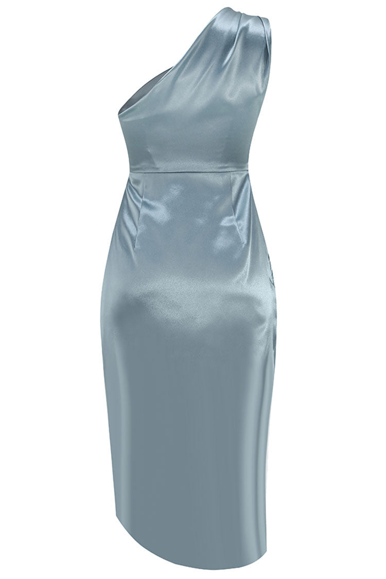 Dusty Blue One Shoulder Satin Ruched High Slit Asymmetrical Midi Dress