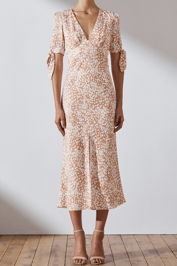 Apricot Deep V-Neck Puff Sleeve Floral Print Front Slit Midi Dress