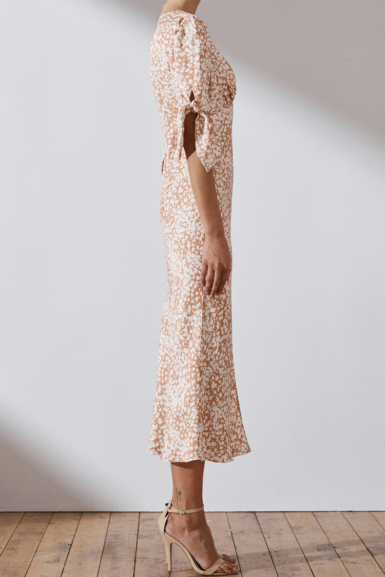 Apricot Deep V-Neck Puff Sleeve Floral Print Front Slit Midi Dress 2