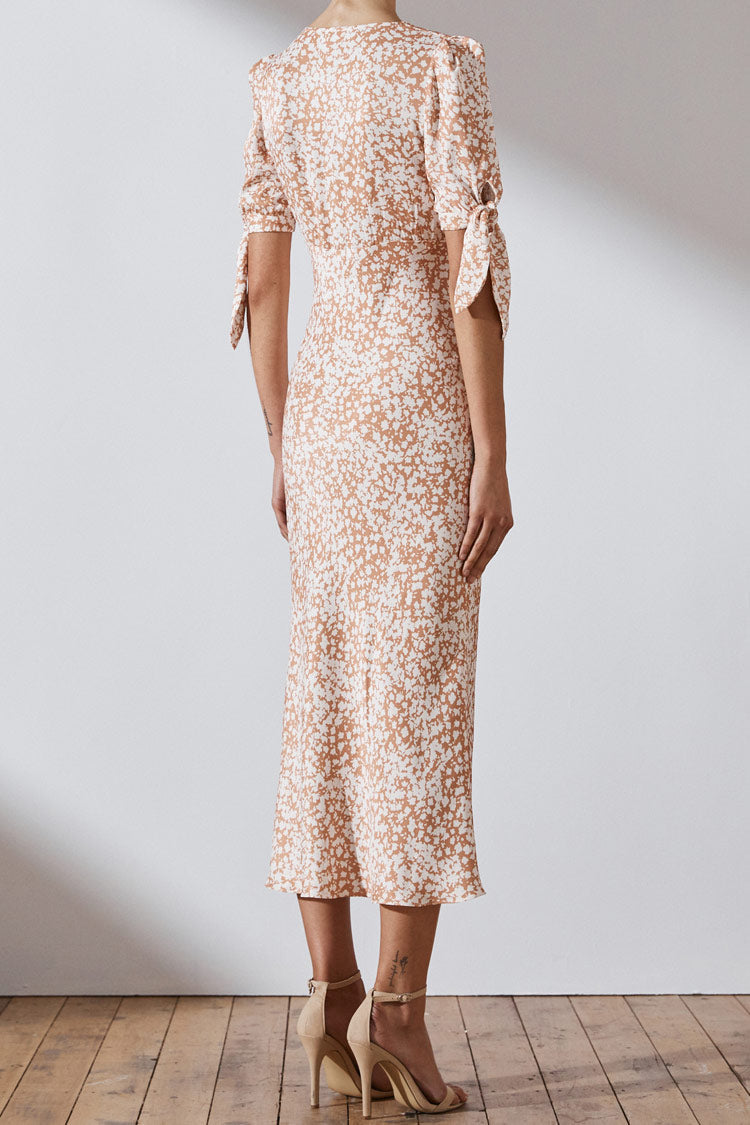 Apricot Deep V-Neck Puff Sleeve Floral Print Front Slit Midi Dress 3