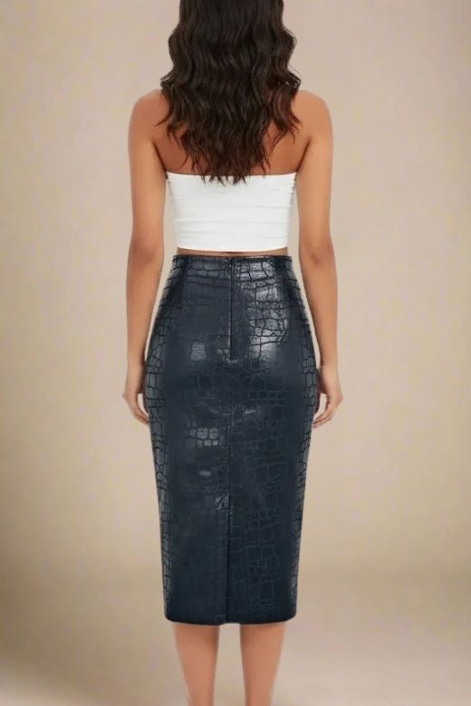 High Waist Leather Pencil Skirt Midi Length - Crocodile Black