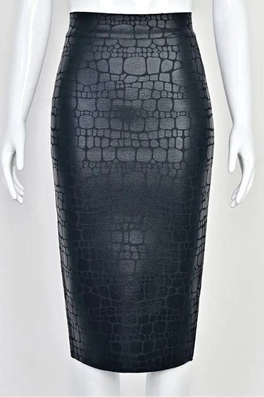 High Waist Leather Pencil Skirt Midi Length - Crocodile Black