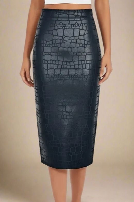 High Waist Leather Pencil Skirt Midi Length - Crocodile Black