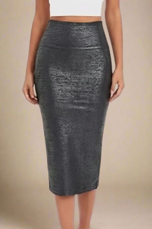 High Waist Leather Pencil Skirt Midi Length - Metallic Black