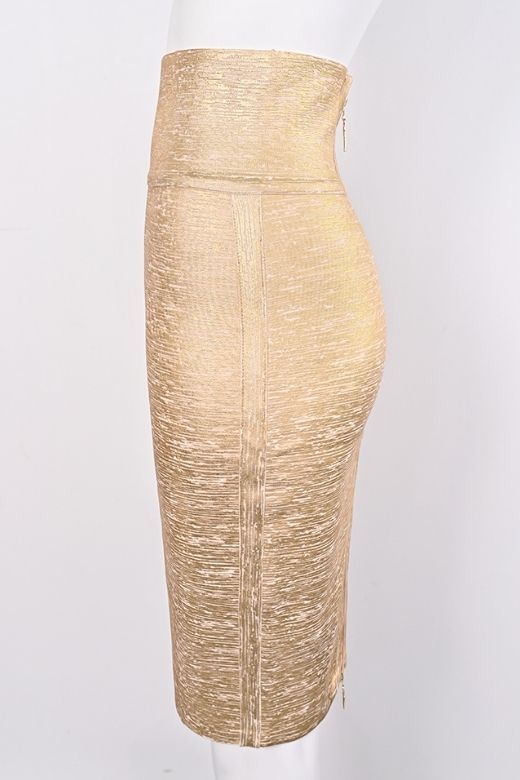 High Waist Leather Pencil Skirt Midi Length - Gold