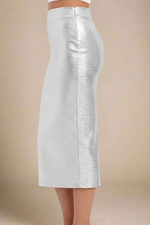 High Waist Leather Pencil Skirt Midi Length - Metallic Silver