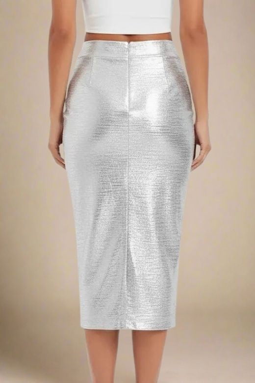 High Waist Leather Pencil Skirt Midi Length - Metallic Silver