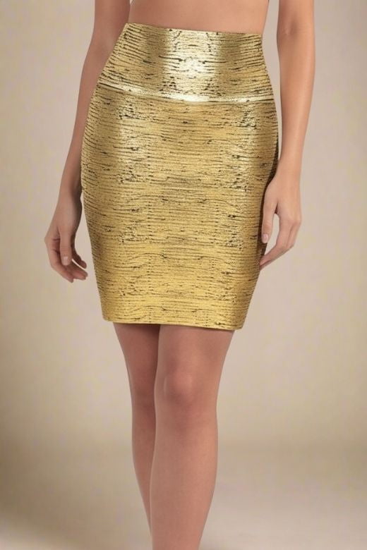 High Waist Leather Pencil Skirt Mini Length - Gold Black