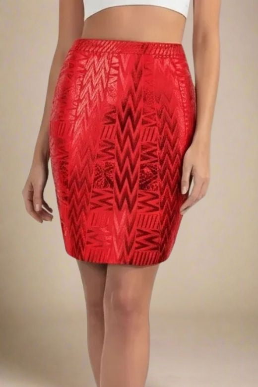 High Waist Metallic Leather Mini Skirt - Lipstick Red