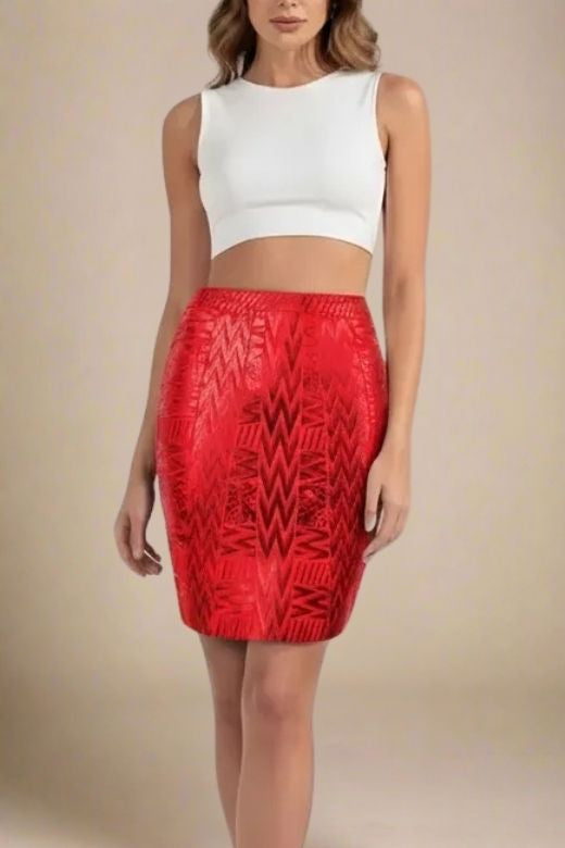 High Waist Metallic Leather Mini Skirt - Lipstick Red