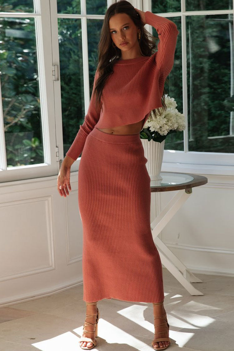 Orange Red Crew Neck Rib Knit Crop Sweater Maxi Skirt Set