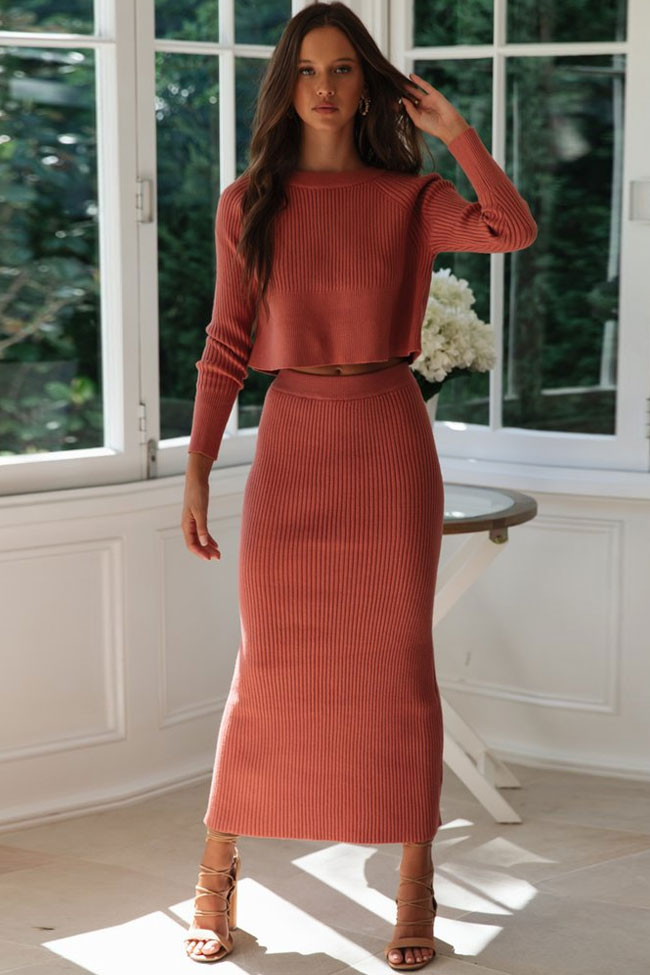 Orange Red Crew Neck Rib Knit Crop Sweater Maxi Skirt Set