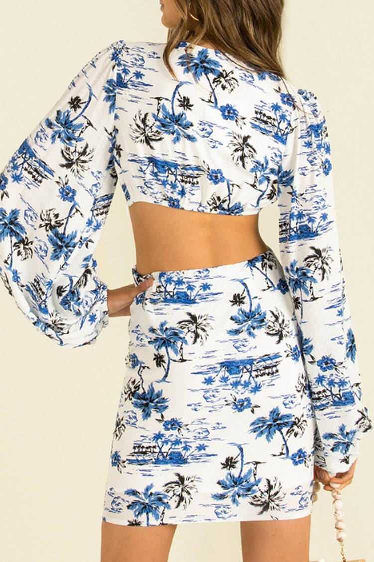 Blue V-Neck Tropical Floral O-Ring Cutout Long Sleeve Bodycon Mini Dress