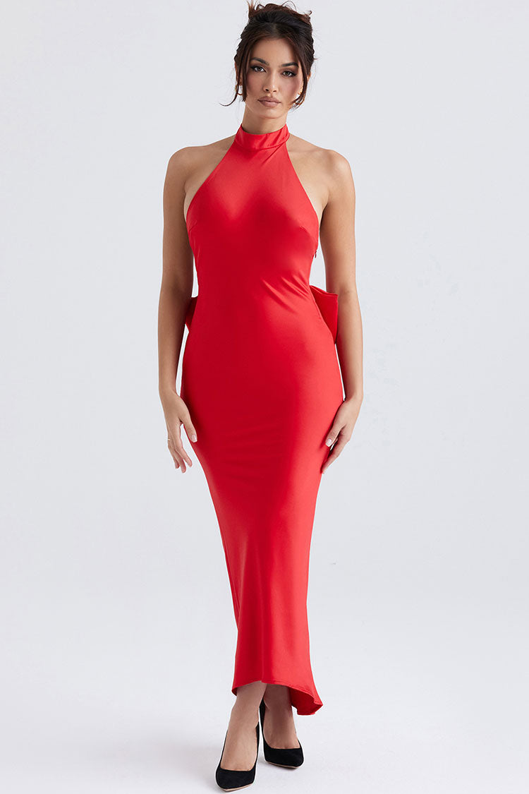 Red Halter Neck Backless Bow Back Satin Maxi Dress