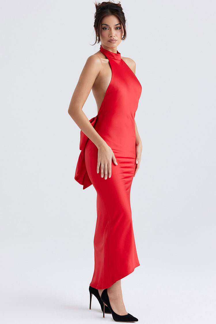 Red Halter Neck Backless Bow Back Satin Maxi Dress