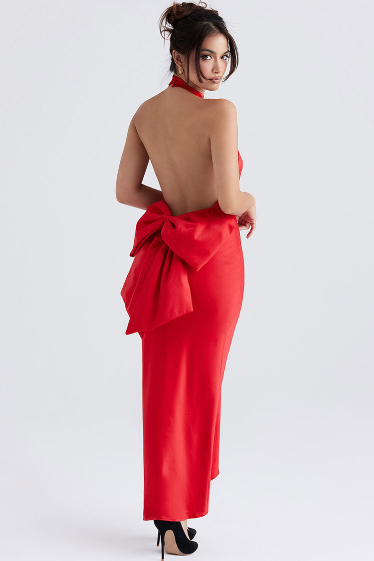 Red Halter Neck Backless Bow Back Satin Maxi Dress