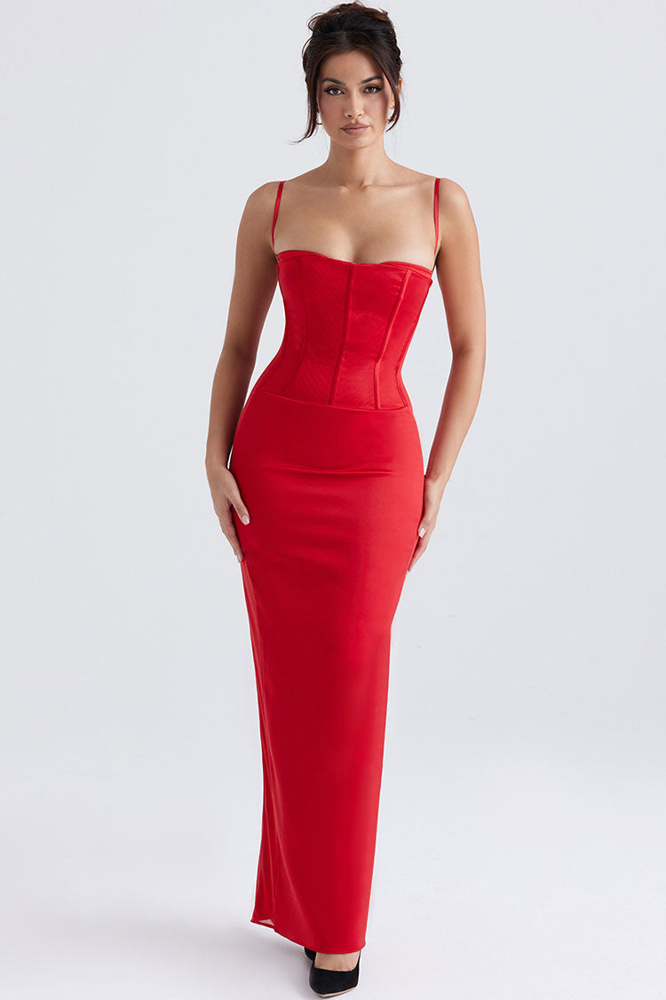 Red Spaghetti Strap Sweetheart Corset Satin Bodycon Maxi Dress