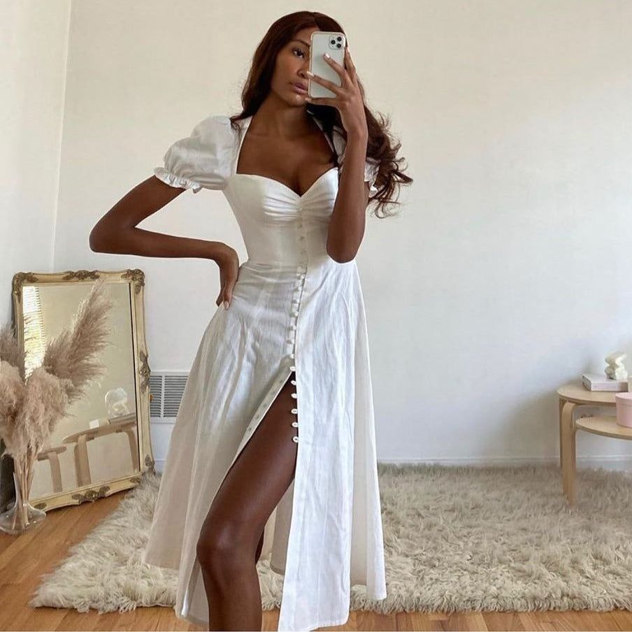 White Square Neck Puff Sleeve Ruched Button Front A-Line Midi Dress