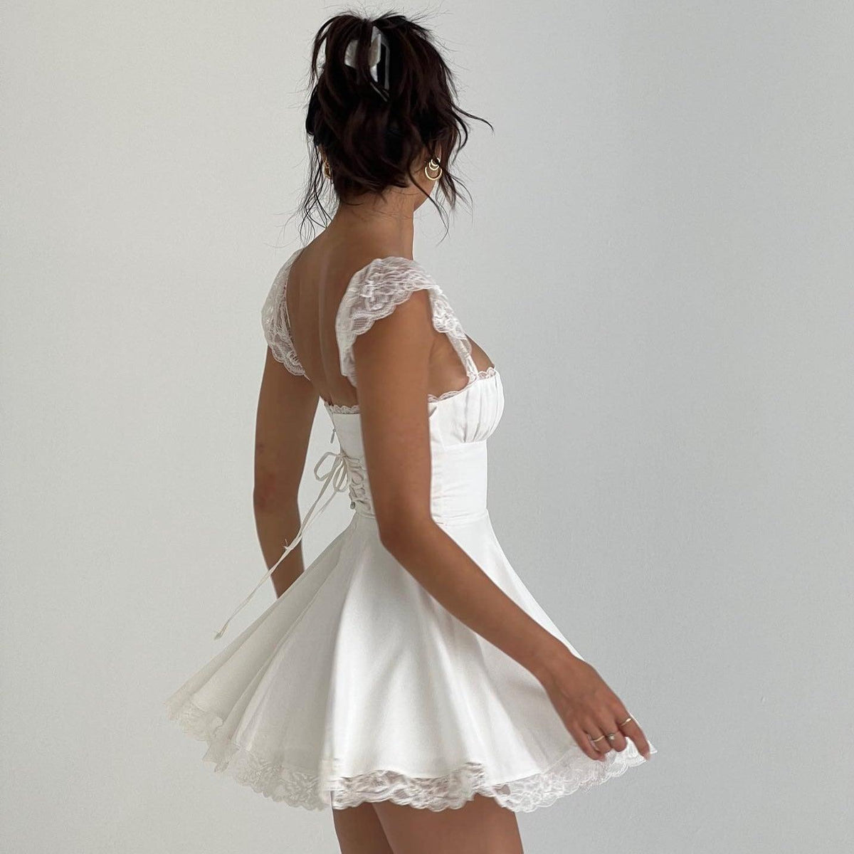 Lace Trim Cap Sleeve Lace-Up Corset Back Flared Mini Dress