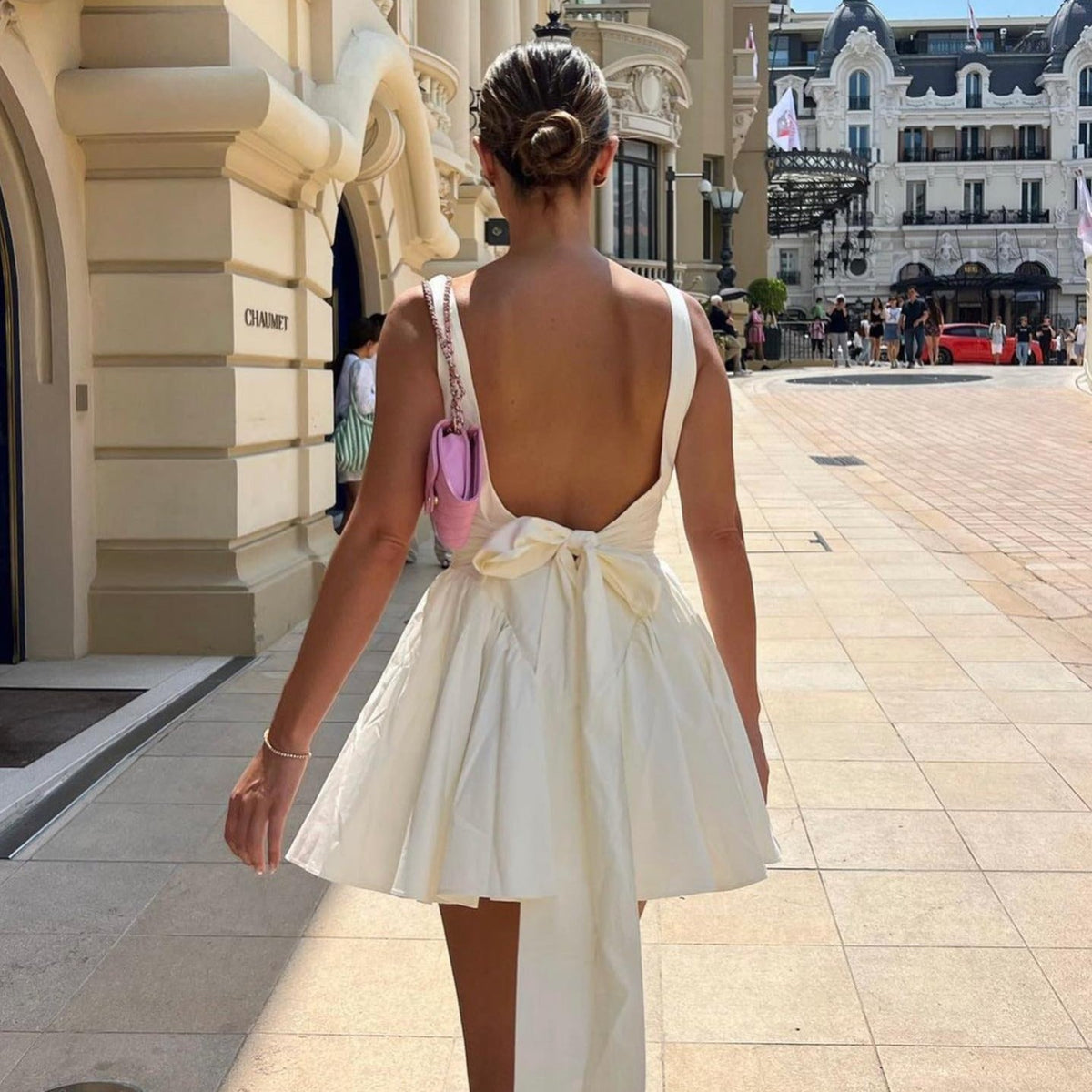 Open Back Oversized Bow Tie Flared Mini Dress