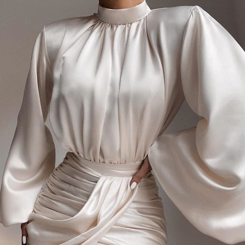 High Neck Puff Sleeve Satin Ruched Bodycon Mini Dress