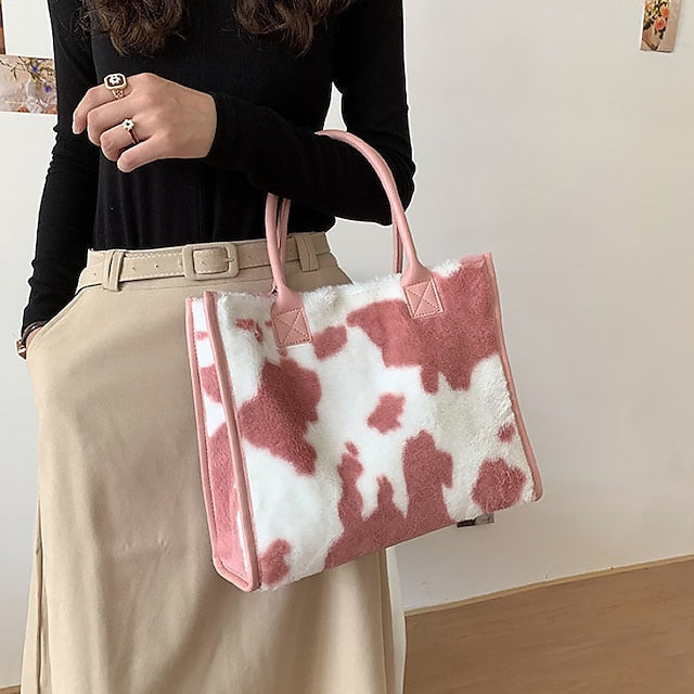Leopard Faux Fur Leather Trim Tote Bag