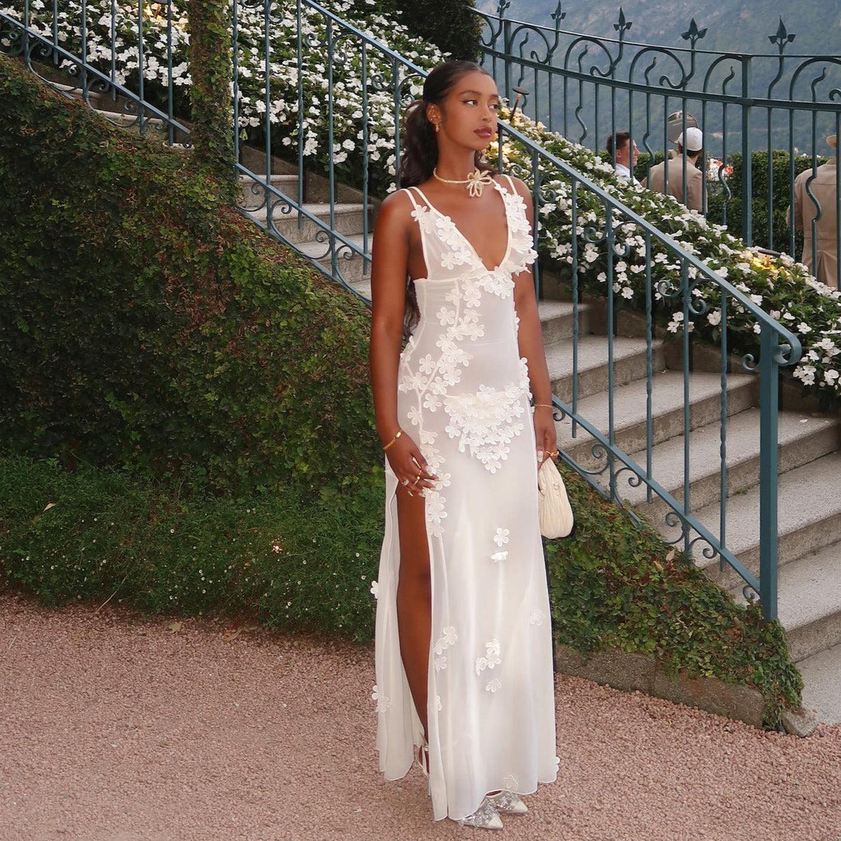 White Strappy Sheer Mesh Floral Applique Bodycon Maxi Dress