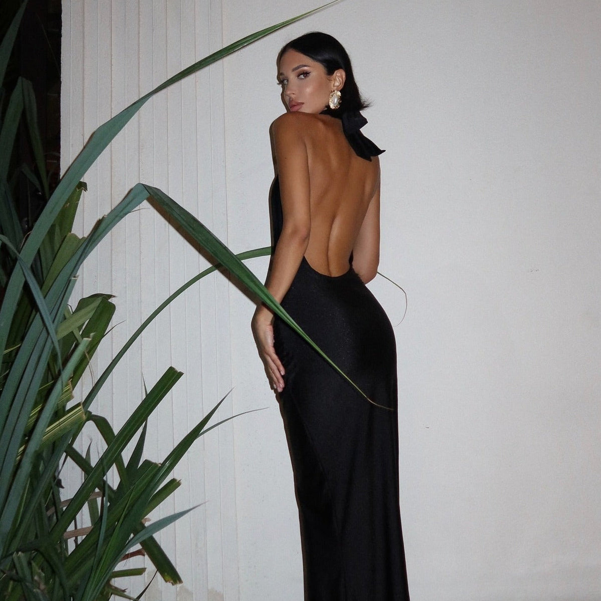 Halter Deep Plunge Ruched Satin Bodycon Maxi Dress 9