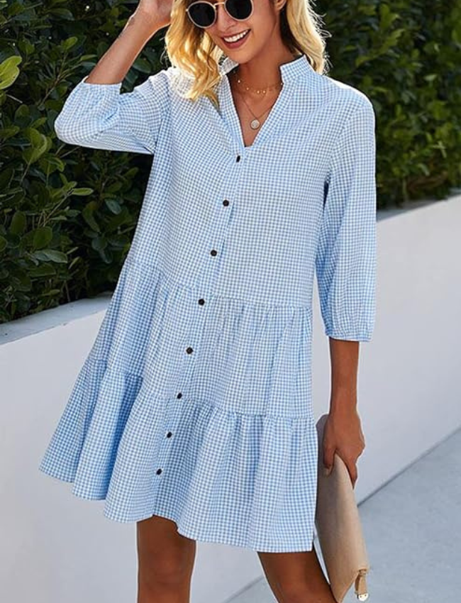 Omaira Checked Stand-up Collar Dress for Women Vacation Beach Look