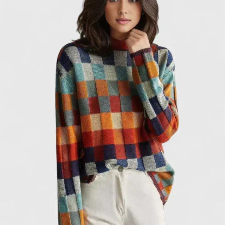 Multicolored Mock Neck Checkerboard Knit Long Sleeve Oversized Sweater