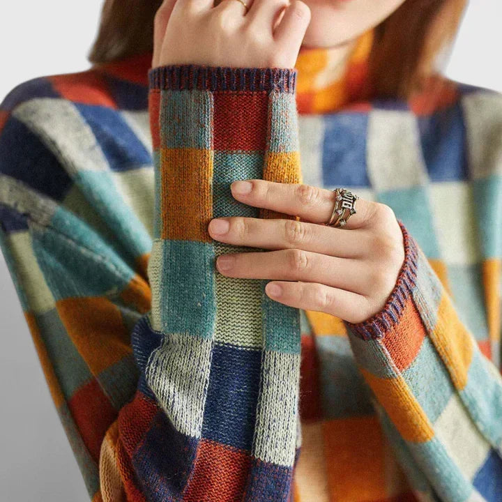 Multicolored Mock Neck Checkerboard Knit Long Sleeve Oversized Sweater