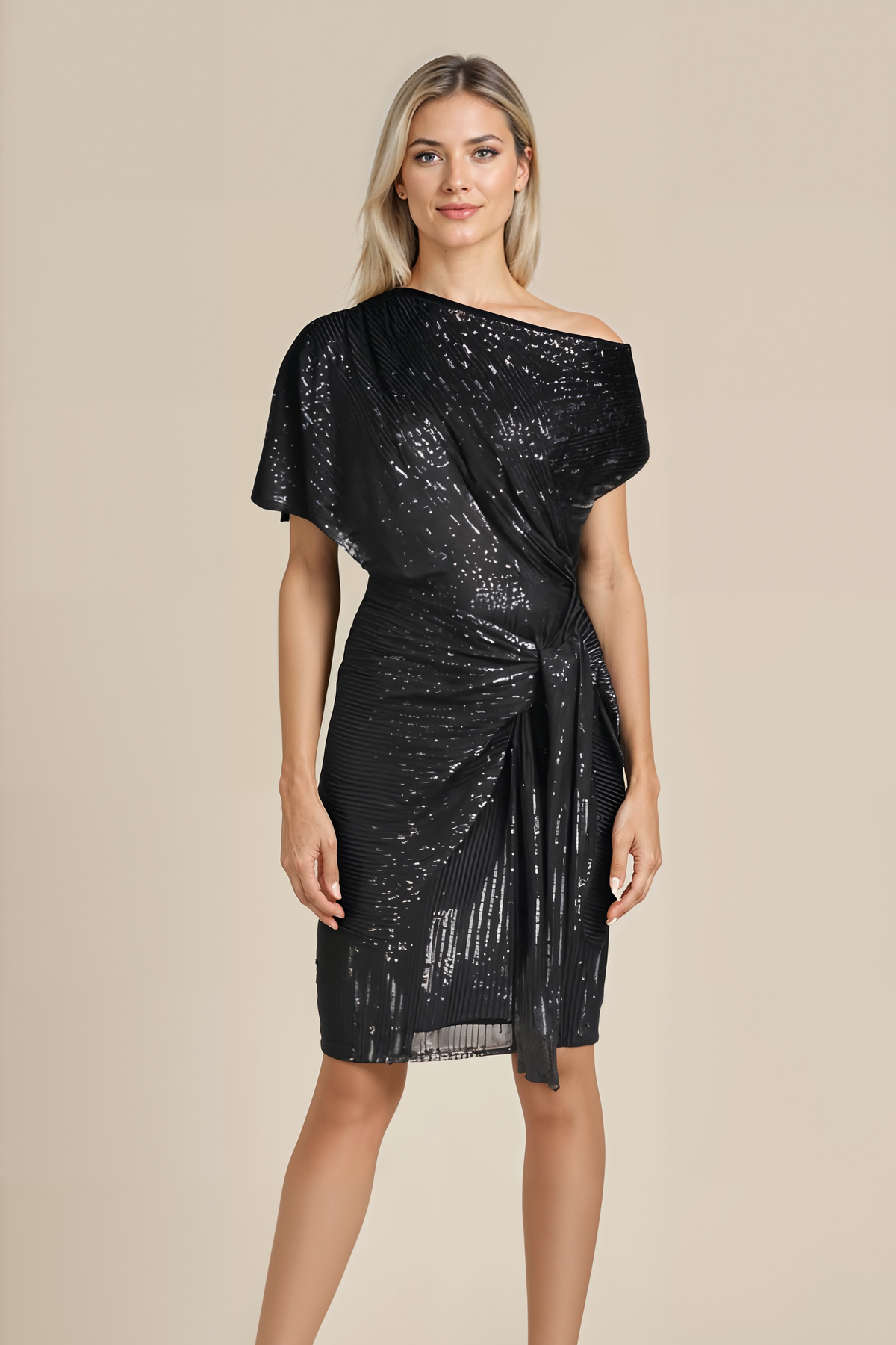 Asymmetric One-Shoulder Metallic Shimmer Side Tie Draped Midi Dress