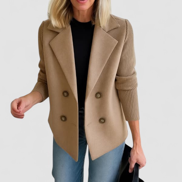 Notch Lapel Ribbed Knit Sleeve Double-Breasted Coat