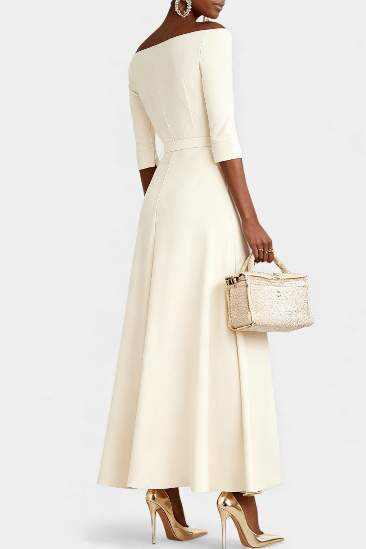 Off-Shoulder Half Sleeve Belted Waist A-Line Maxi Dress 5