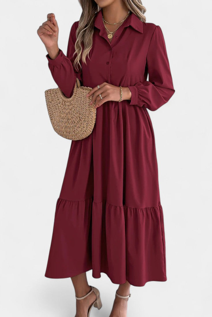 Collared Button-Front Long Sleeve Tiered Shirt Midi Dress 3