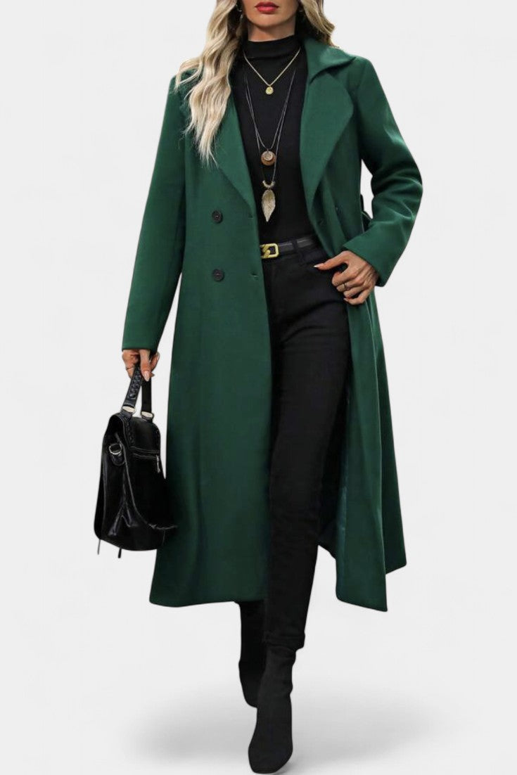 Notched Lapel Belted Plaid Wool Long Coat 8