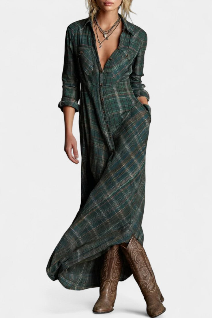Collared Plaid Chest Pocket Button-Front Long Sleeve Shirt Maxi Dress 2