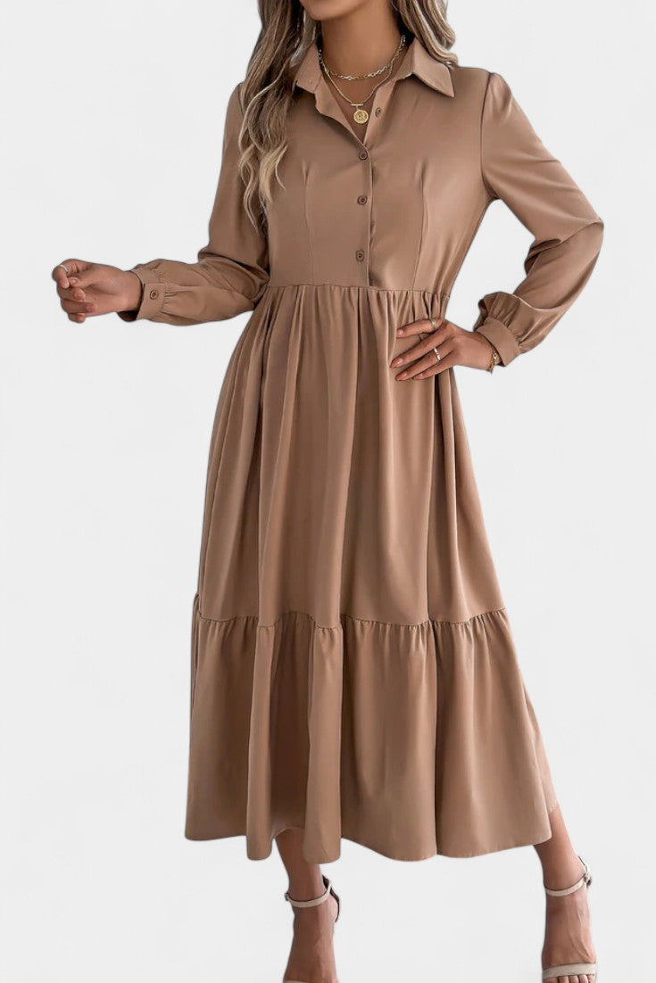 Collared Button-Front Long Sleeve Tiered Shirt Midi Dress 10