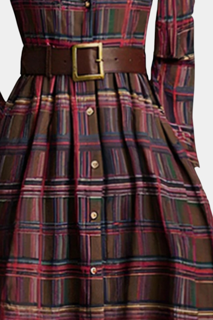 Collared Plaid Button Front Belted Pleated Long Sleeve Maxi Dress 11