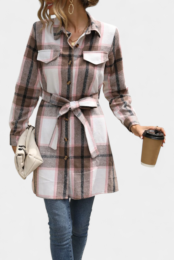 Collared Belted Plaid Check Long Sleeve Shirt Mini Dress 13