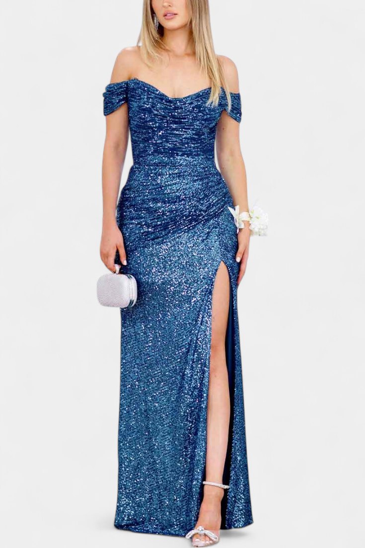 Off-Shoulder Sweetheart Sequin Ruched High Slit Mermaid Gown 9
