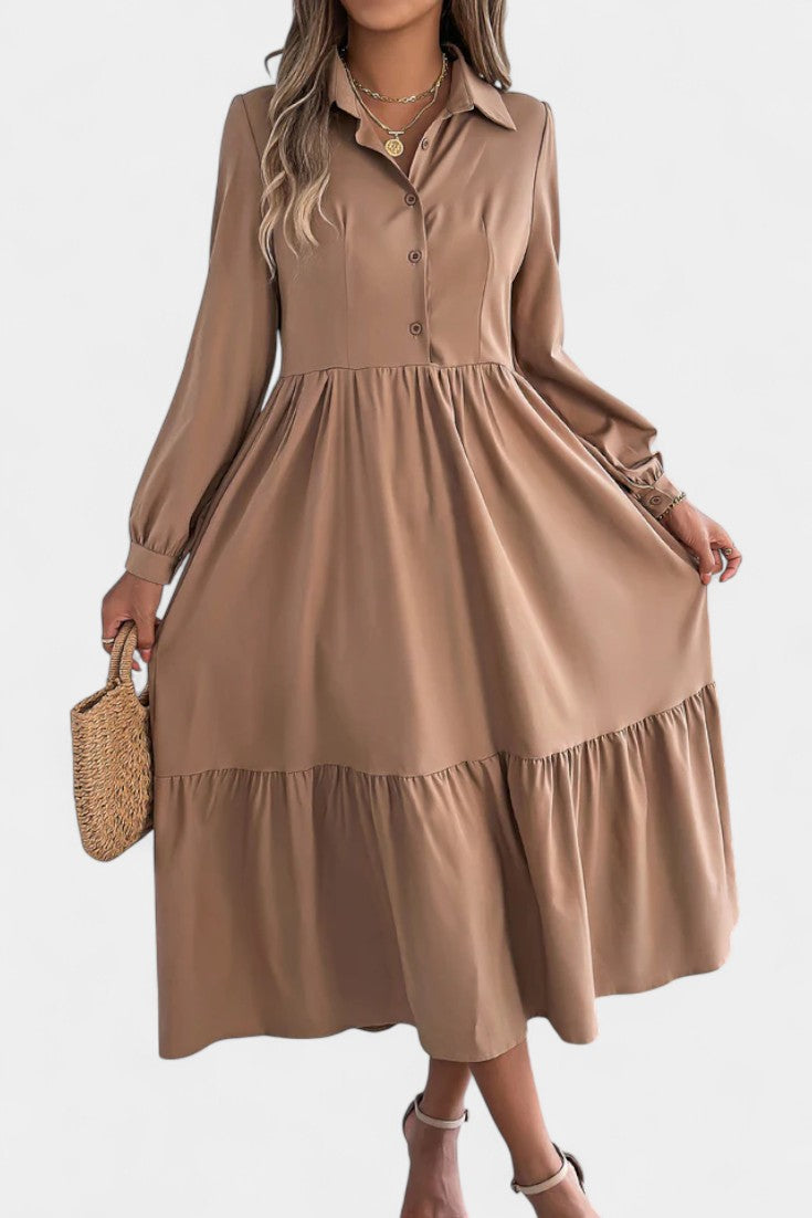 Collared Button-Front Long Sleeve Tiered Shirt Midi Dress 9