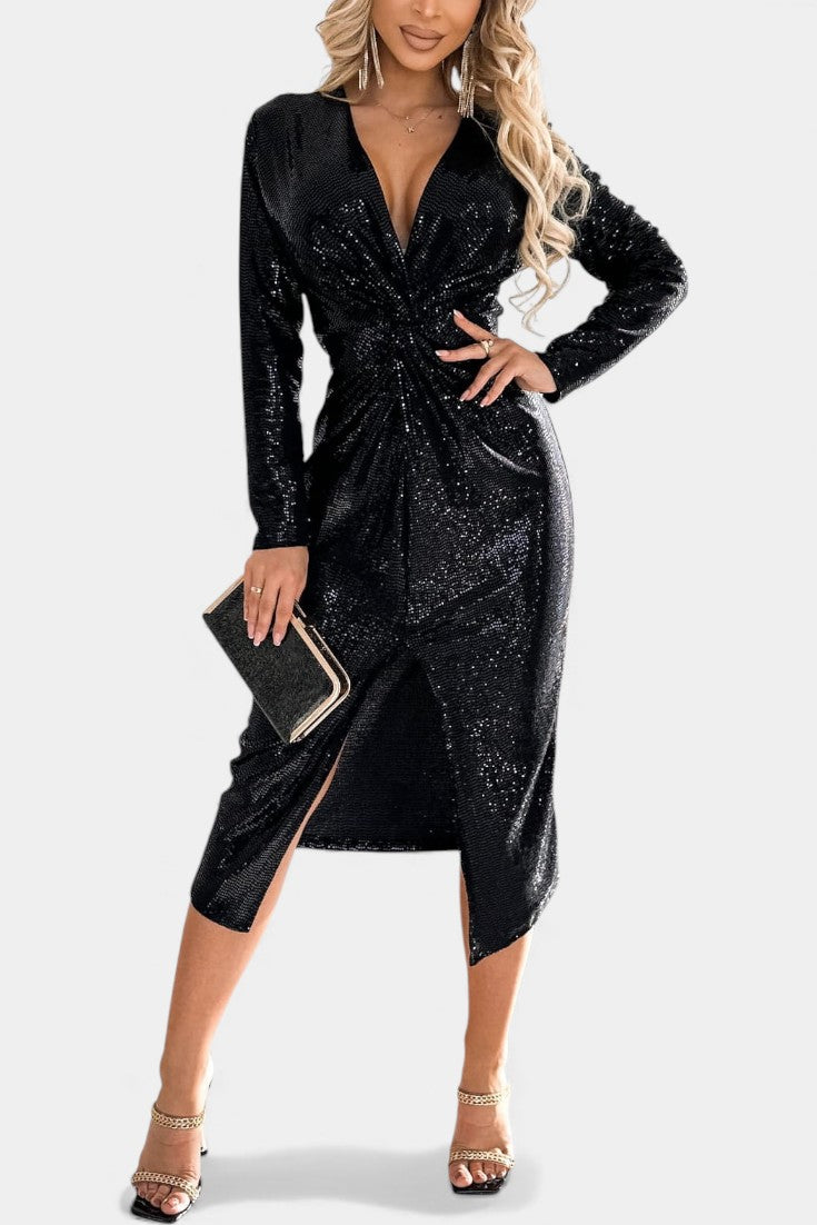 V-Neck Sequin Long Sleeve Twist Front High Slit Bodycon Midi Dress