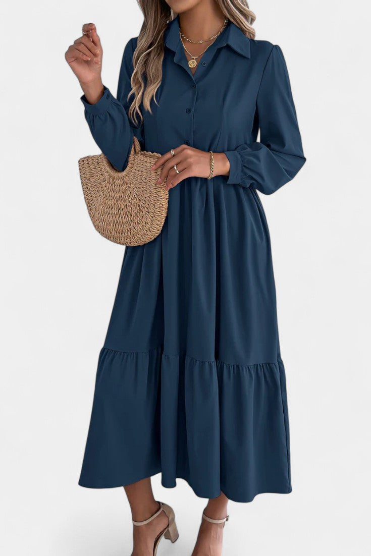 Collared Button-Front Long Sleeve Tiered Shirt Midi Dress 14