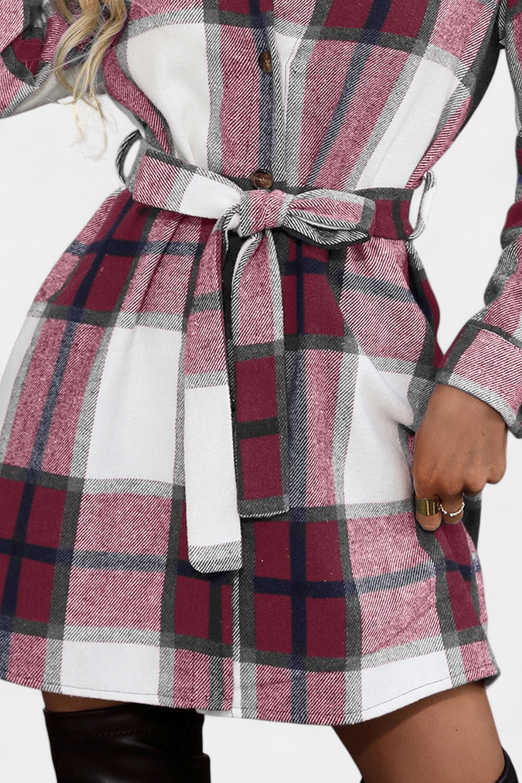 Collared Belted Plaid Check Long Sleeve Shirt Mini Dress 10