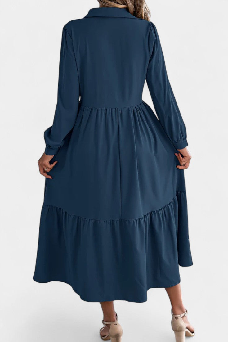 Collared Button-Front Long Sleeve Tiered Shirt Midi Dress 15