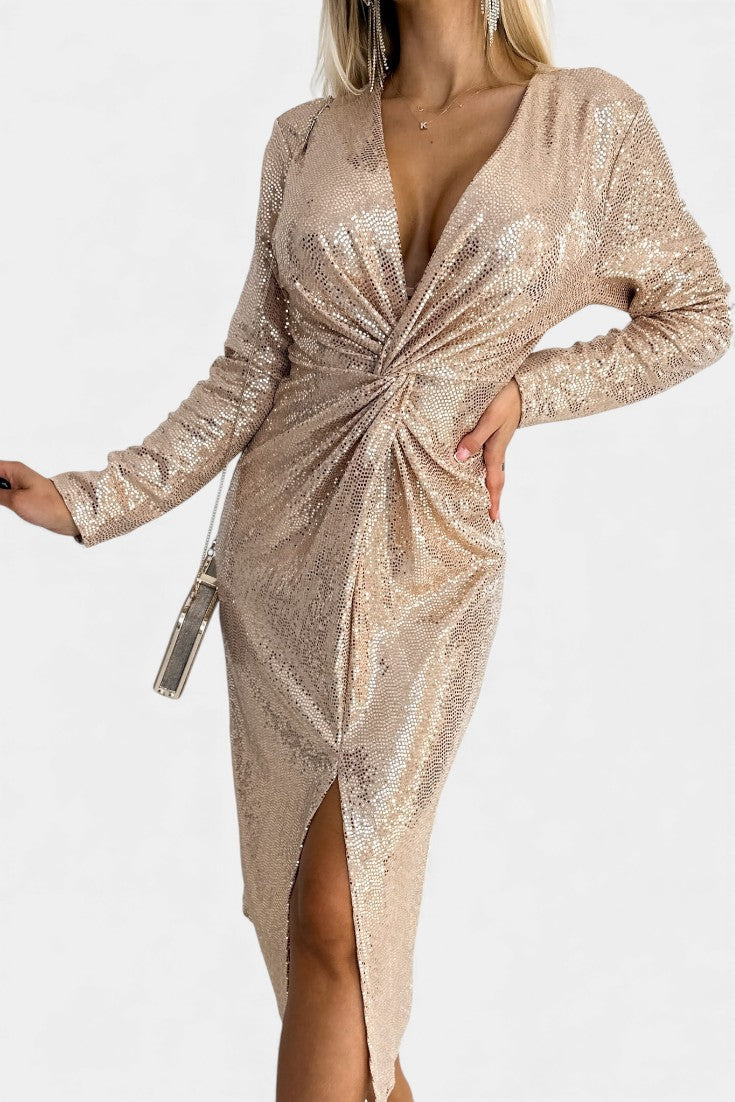 V-Neck Sequin Long Sleeve Twist Front High Slit Bodycon Midi Dress 7