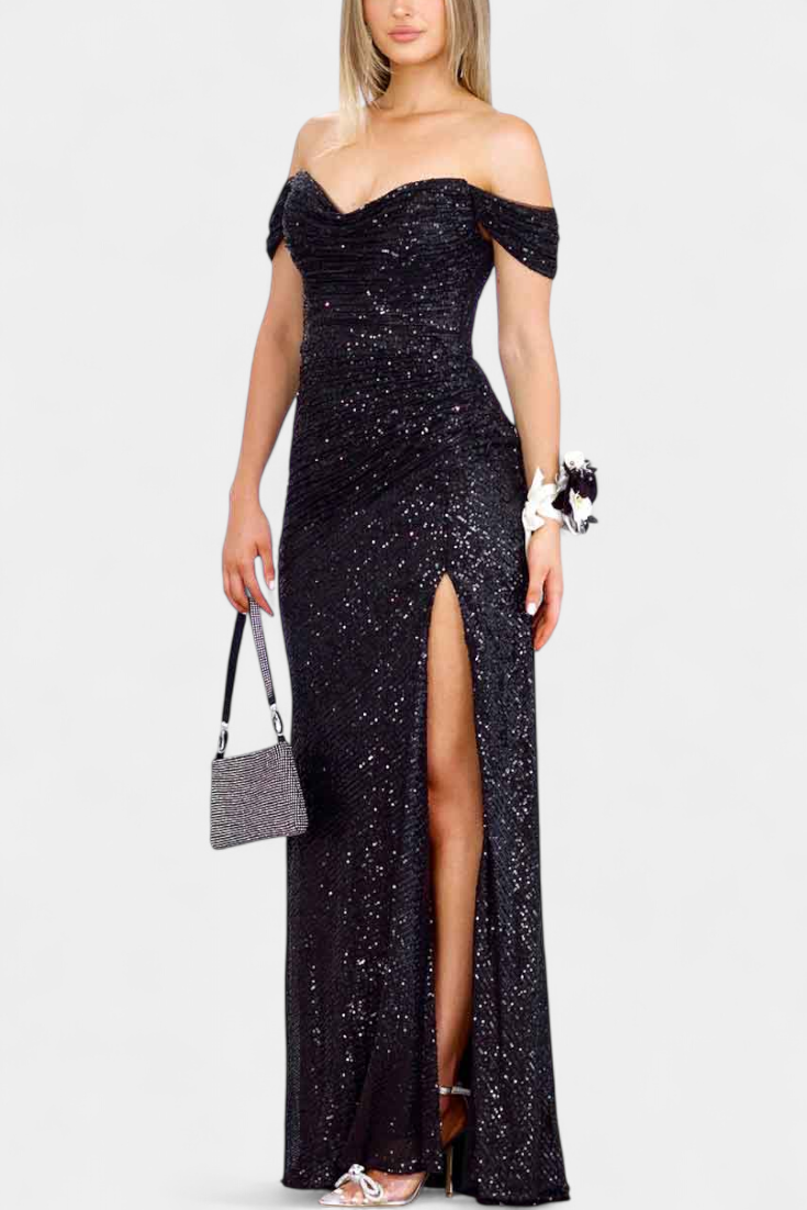 Off-Shoulder Sweetheart Sequin Ruched High Slit Mermaid Gown 4